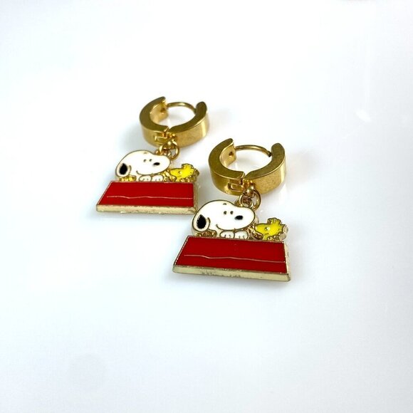 Snoopy Dog & Woodstock on Stainless Steel Huggie Hoop Earrings - Picture 9 of 9